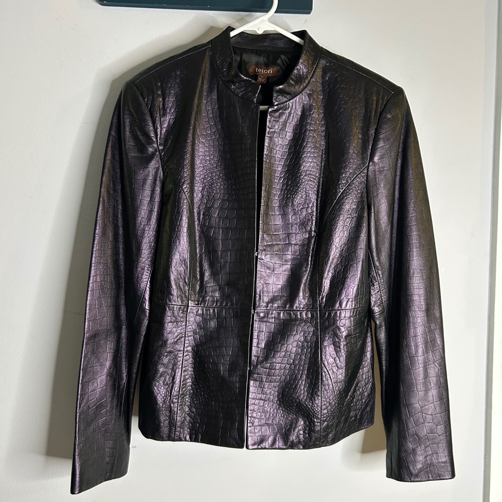Tesori Womens Metallic Purple Crocodile Embossed‎ Leather Jacket Mandarin Collar